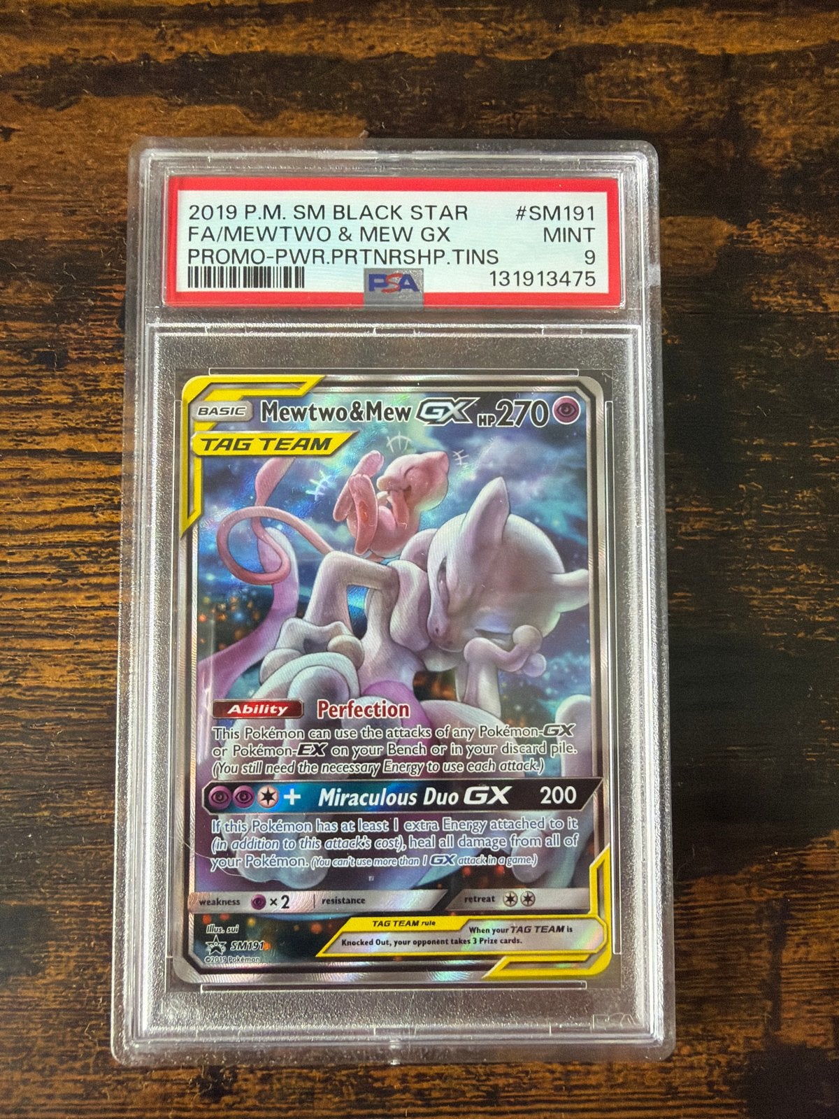 Mewtwo & Mew GX PSA 9 MINT - 2019 Promo SM191 Pokémon Kaart, Ophalen of Verzenden, Zo goed als nieuw, Losse kaart, Foil
