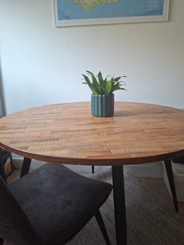 Ronde eettafel gerecycled teakhouten blad Ø110cm, Ophalen, Gebruikt, Vier personen, Industrieel