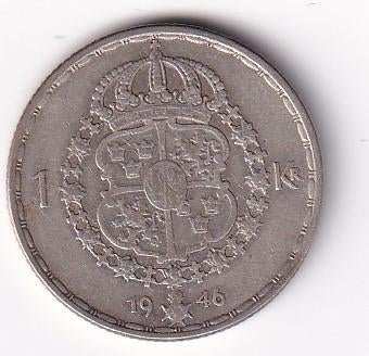 Zweden 1 Krona 1946 met randtikje, Verzenden, Overige landen, Losse munt, Zilver