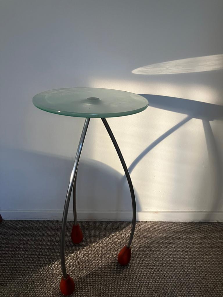 Glazen bijzettafel, Huis en Inrichting, Tafels | Bijzettafels, Minder dan 55 cm, Gebruikt, Rond, Ophalen of Verzenden