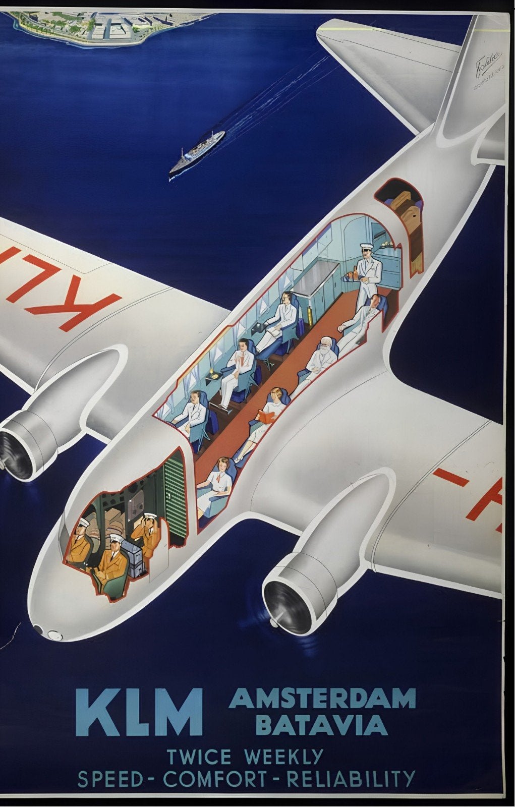 KLM Amsterdam Batavia Reclameposter (ca. 60x80 cm), Dagelijks leven, Overige technieken, Ophalen of Verzenden, Origineel