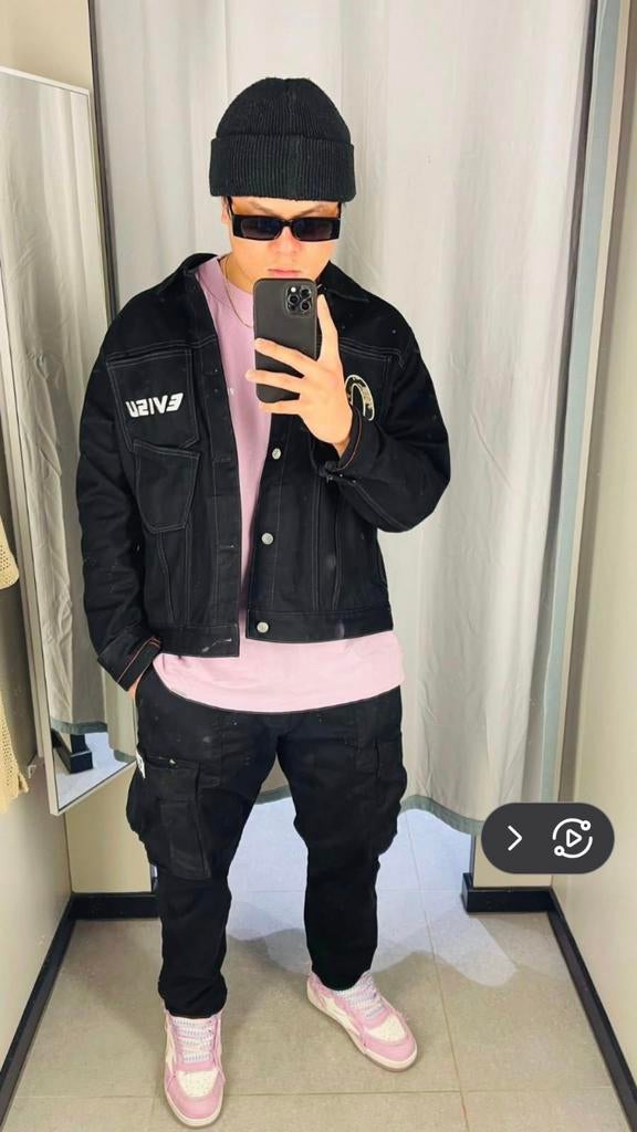 Evisu Kanji - Kamon denim trucker jacket - Maat L, Maat 52/54 (L), Zwart, Ophalen of Verzenden, Evisu