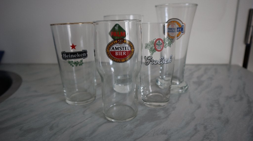 Bierglazen: Amstel, Heineken, Palm, Grolsch (4 stuks), Ophalen of Verzenden, Zo goed als nieuw, Glas of Glazen, Overige merken