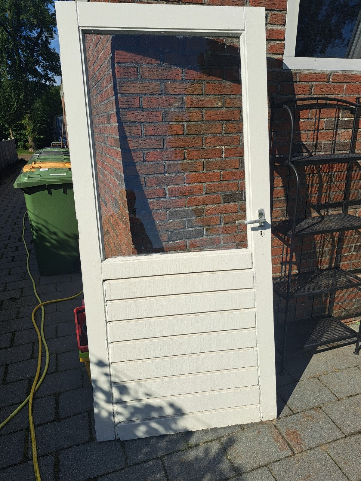 Witte houten buitendeur met glas en lamellen, Gebruikt, 80 tot 100 cm, Ophalen of Verzenden, Buitendeur