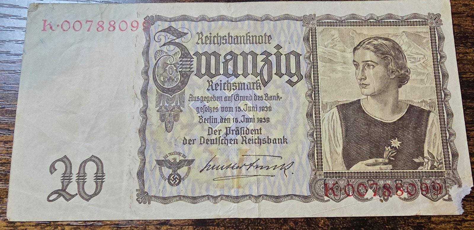 20 Reichsmark biljet uit 1939 - Duitsland, Postzegels en Munten, Ophalen of Verzenden