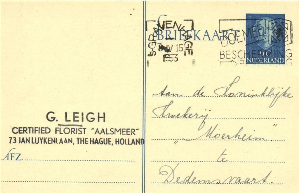 G. Leigh, the Hague - Den Haag - 04.1953 - briefkaart, Ophalen of Verzenden, Briefkaart