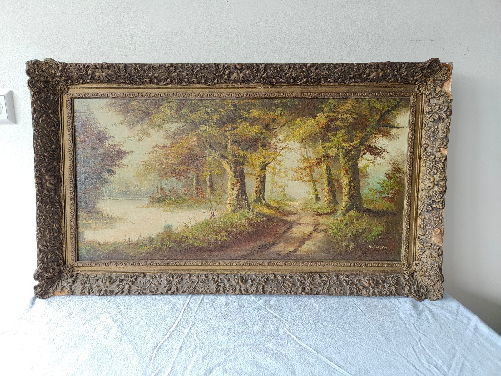 Schilderij V. Dalen: Herfstlandschap met water en bomen, Antiek en Kunst, Ophalen of Verzenden