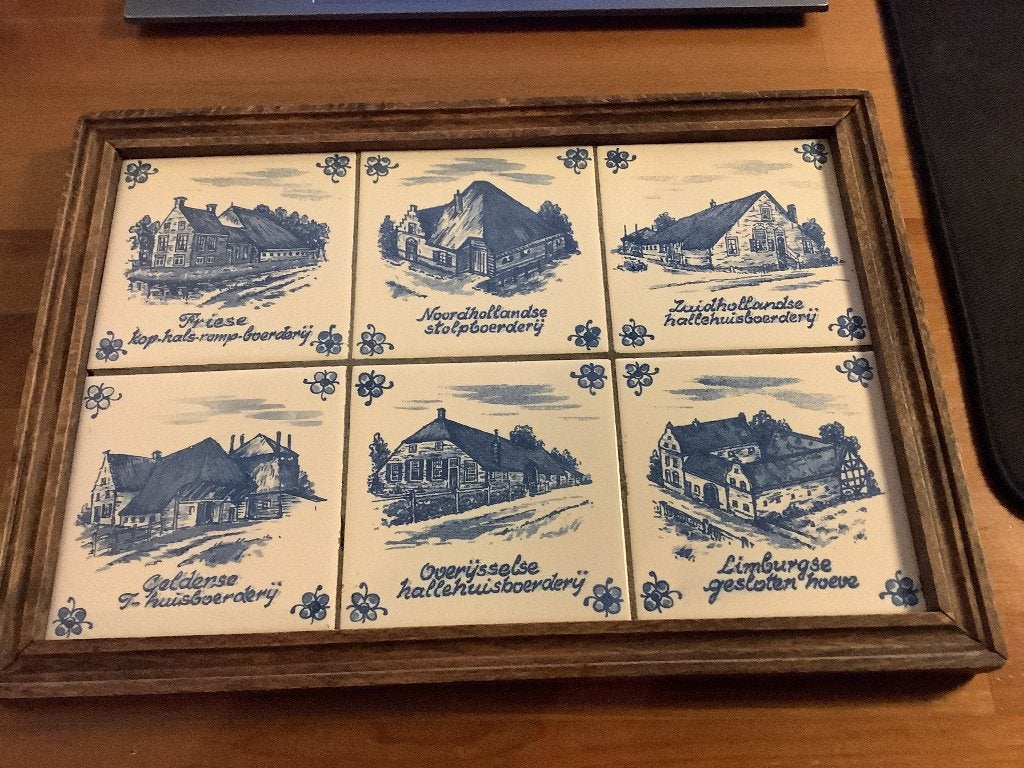 tegeltjesset in lijst hollandse boerderijen, Antiek en Kunst, Antiek | Wandborden en Tegels, Ophalen of Verzenden