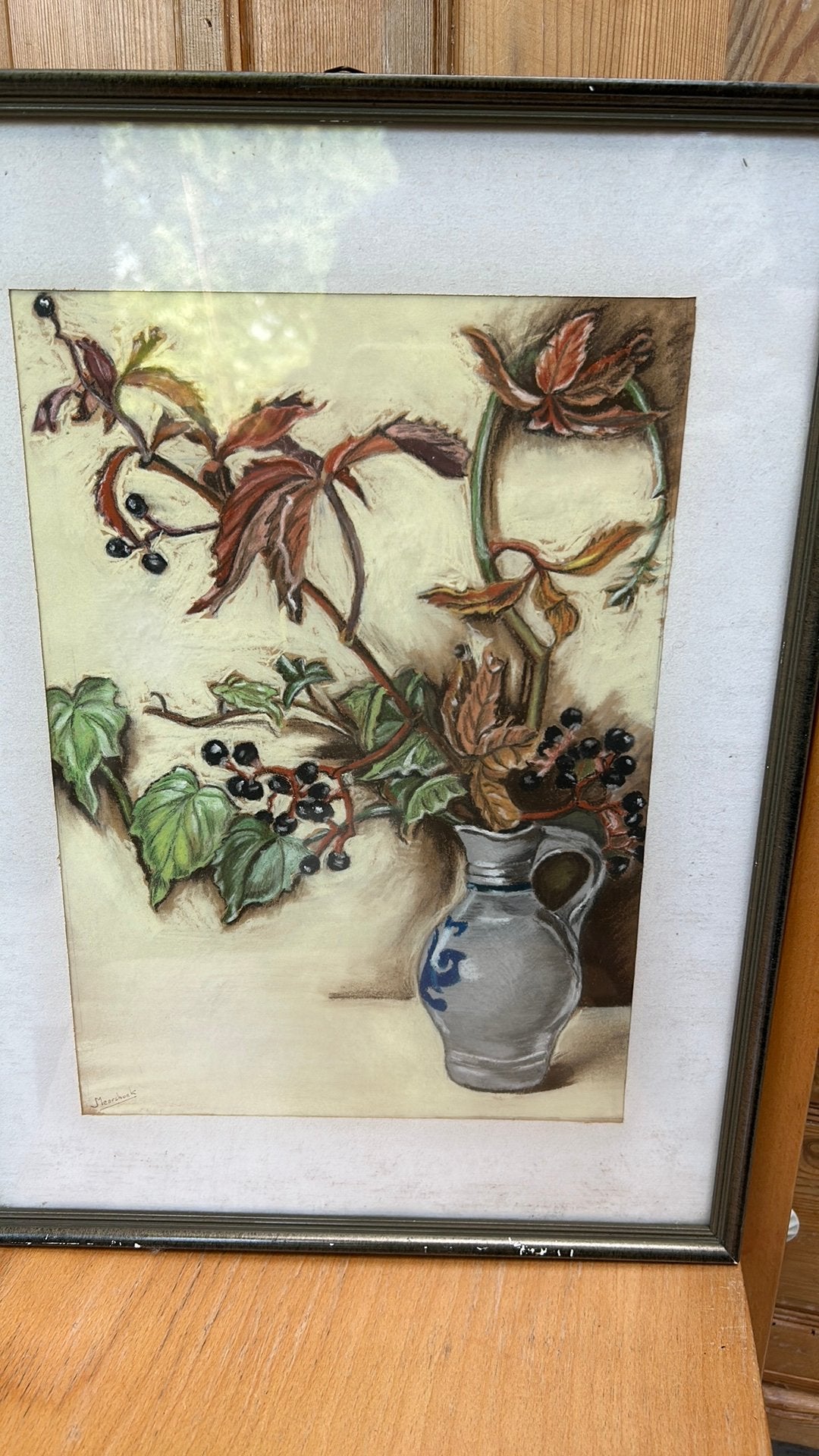 Vintage ingelijste pasteltekening - Bessen en bladeren, Antiek en Kunst, Ophalen