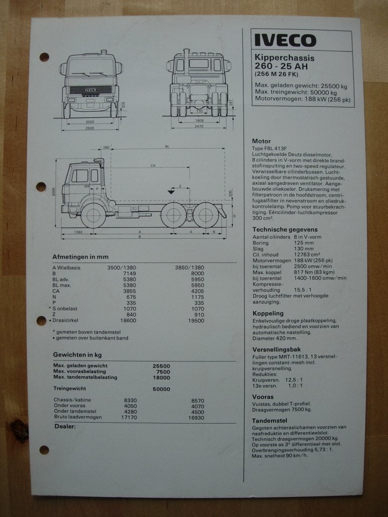 Iveco 260.25 AH 6x4 Technische Specificatie Brochure 1984, Iveco, Ophalen of Verzenden, Zo goed als nieuw, Overige merken