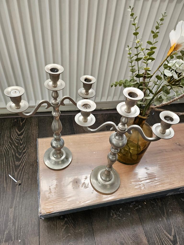 Set van 2 Antieke Kandelaars - 3-armig, Ophalen of Verzenden