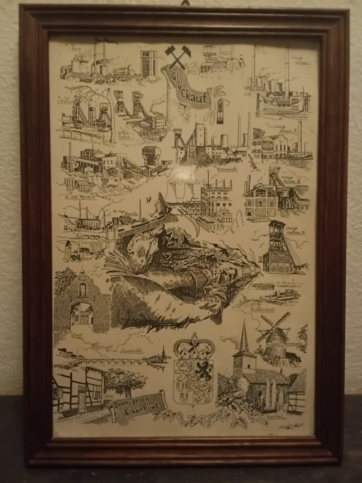 Limburgse steenkool mijnen Bronsgroen Eikenhout Gluck Auf, Ophalen of Verzenden, Tekening, Pentekening, Achter glas