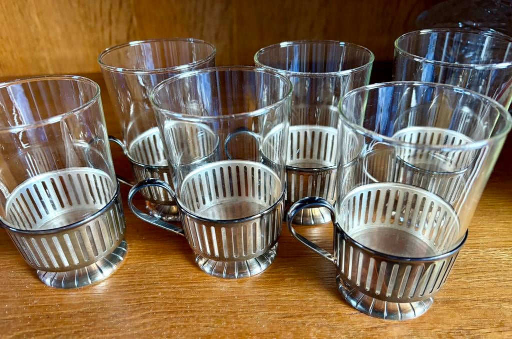 Theeglazen met zilveren houder set van 6, Antiek en Kunst, Antiek | Glas en Kristal, Ophalen