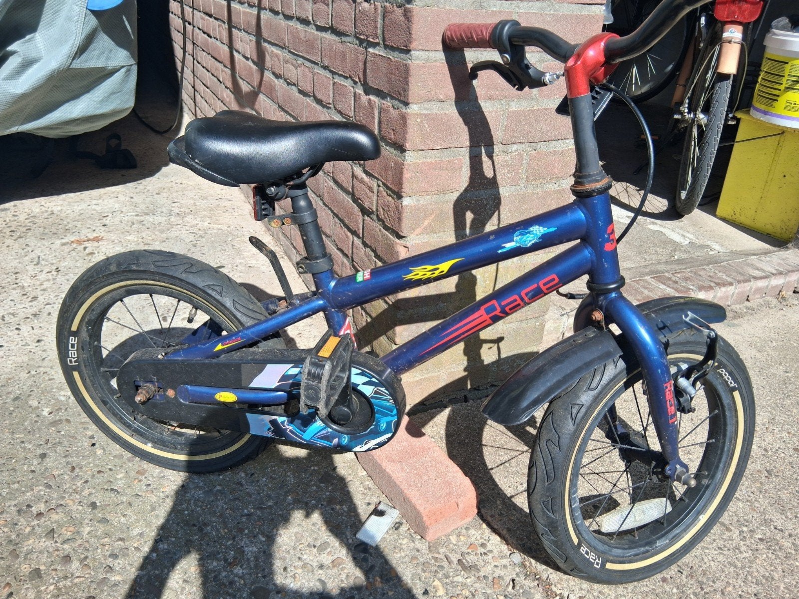 Blauwe kinderfiets Race 14 inch OPKNAPPER!, Ophalen, Gebruikt, Terugtraprem, Minder dan 16 inch