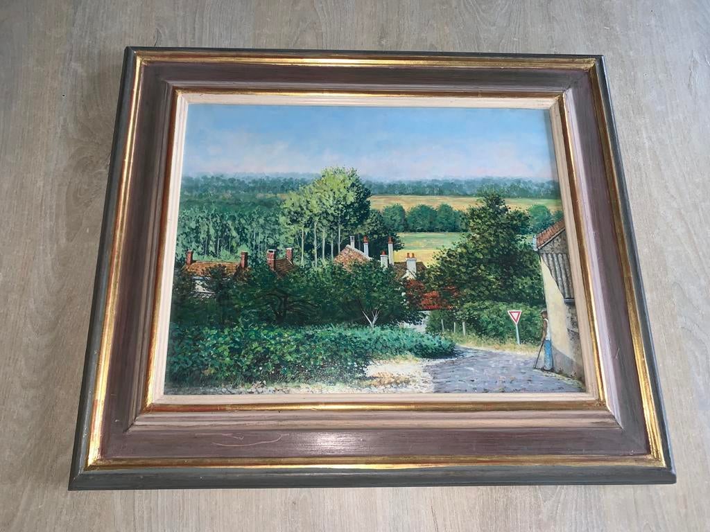 Schilderij met landschap en huizen, Antiek en Kunst, Ophalen of Verzenden
