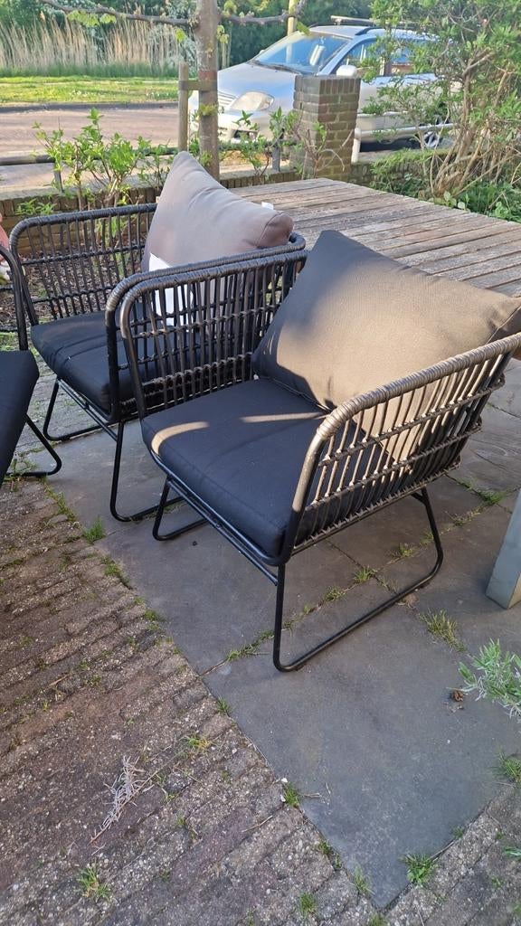 Zwarte robuuste stoelen met kussens, Tuin en Terras, Ophalen, Gebruikt, Kunststof
