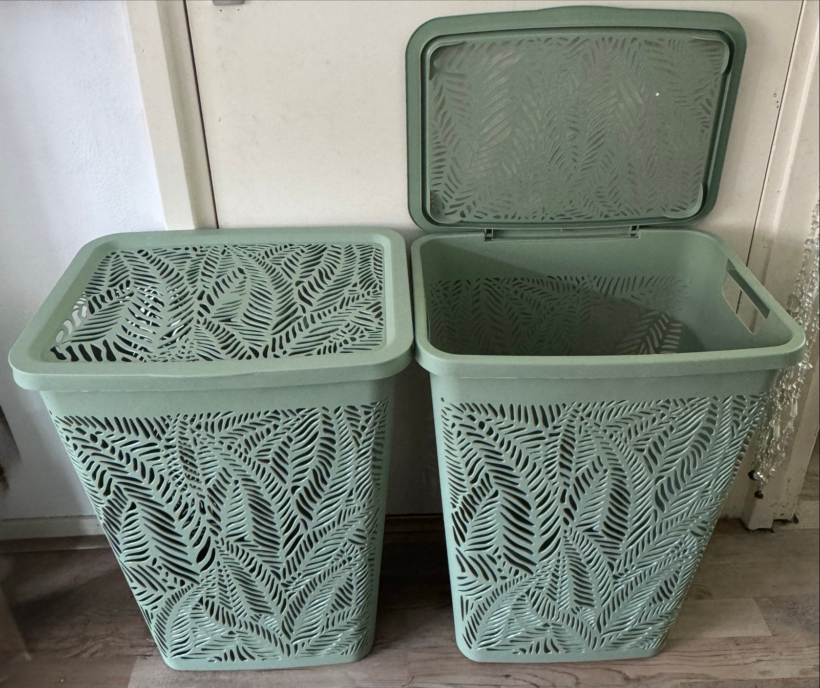 2 groene wasmanden met bladmotief - Saliegroen - 55L, Ophalen, Groen, Kunststof, Zo goed als nieuw