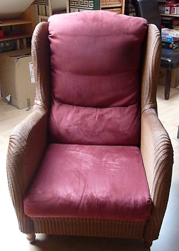 Comfortabele rotan fauteuil met bordeauxrode kussens, Huis en Inrichting, Stoelen, Gebruikt, Landelijk, Comfortabel, Eén, Rood