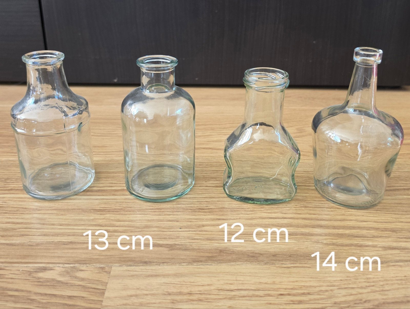Set van 4 glazen vazen/flesjes - diverse maten, Ophalen, Gebruikt, Transparant, Glas