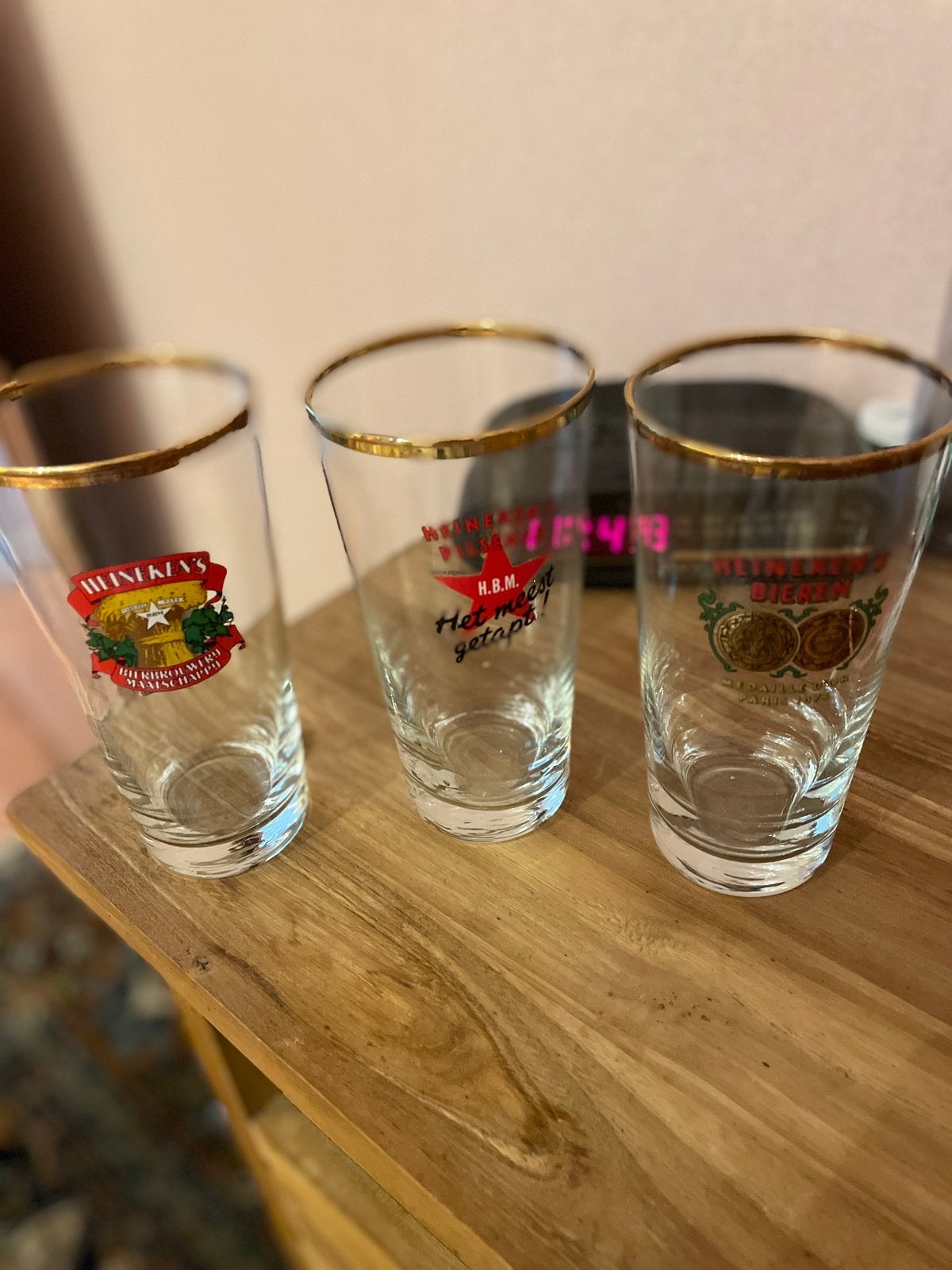 Heineken bierglazen met gouden rand - Set van 3, Ophalen of Verzenden, Gebruikt, Glas of Glazen, Heineken