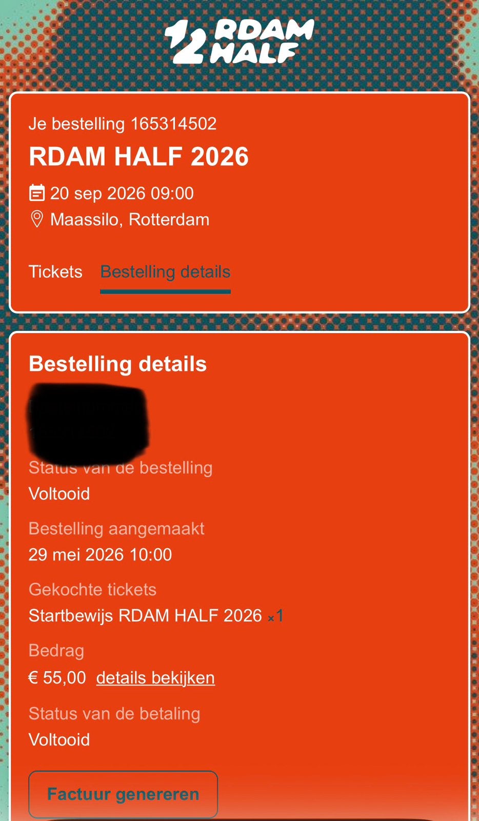 Ticket halve marathon rdam, Sport en Fitness, Loopsport en Atletiek, Ophalen of Verzenden
