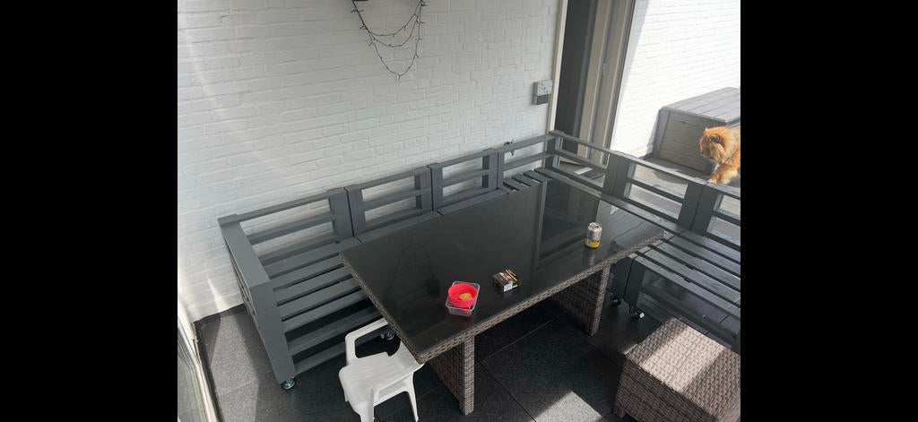 Steigerhouten loungeset met kussens en tafel, Tuin en Terras, Ophalen, Gebruikt, Bank, Meer dan 8 zitplaatsen