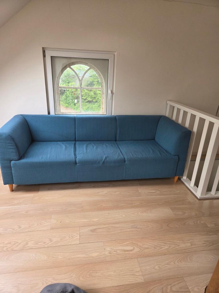Comfortabele driepersoonsbank - Blauw stof, Ophalen, Gebruikt, Driepersoons, 75 tot 100 cm