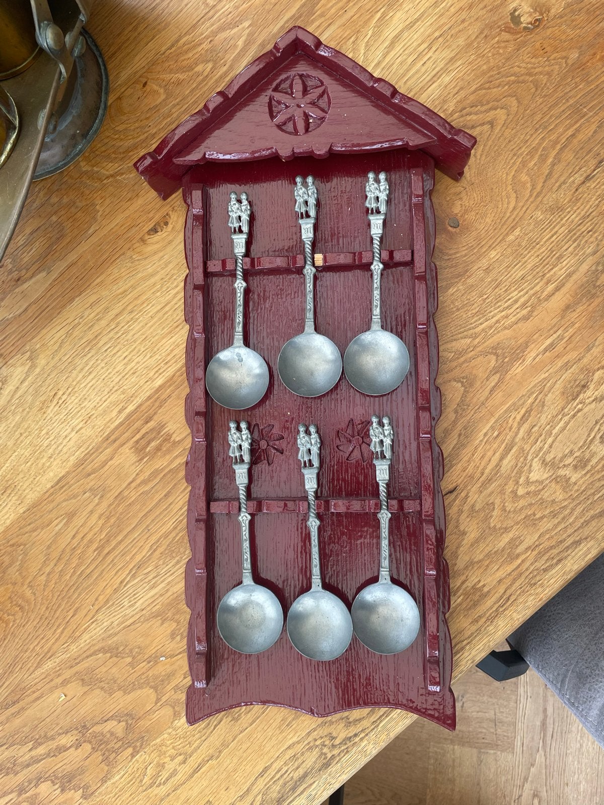 Vintage tinnen lepeltjesrek met 6 lepels, Ophalen of Verzenden