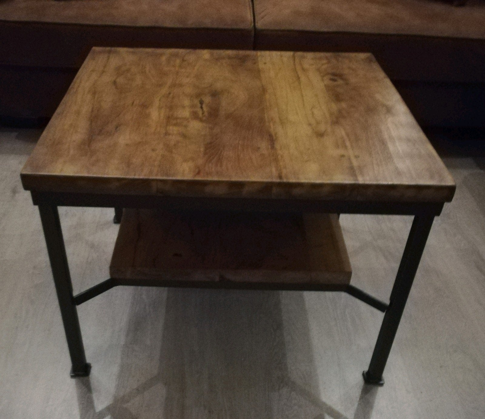 "Unieke"industriële vierkante salontafel (hout/metaal) 70x70, Ophalen, Gebruikt, 50 tot 100 cm, Teakhout