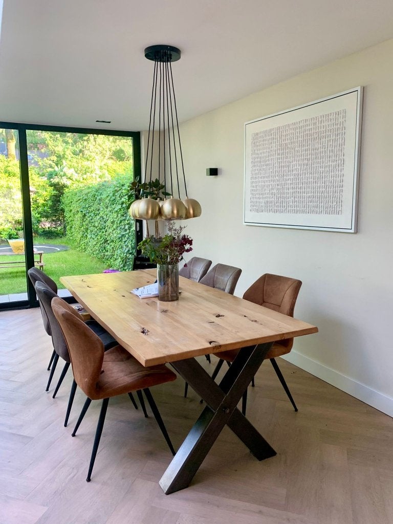 prachtige x poot eettafel boomstam massief, 100 tot 150 cm, Eikenhout, 200 cm of meer, Ophalen of Verzenden