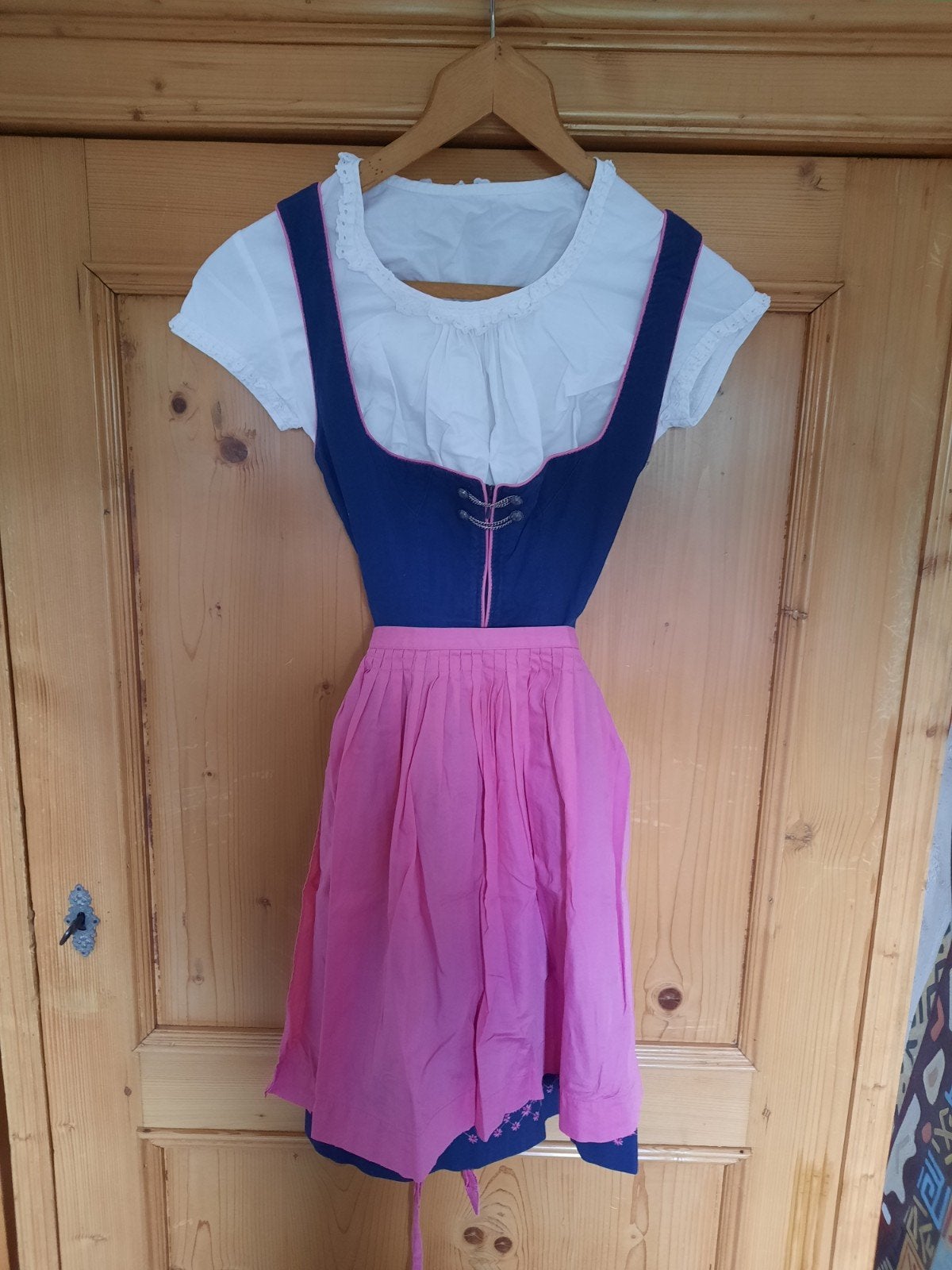 Traditionele Dirndl Jurk - Blauw met Roze Schort, Ophalen, Blauw, Maat 36 (S), Boven de knie