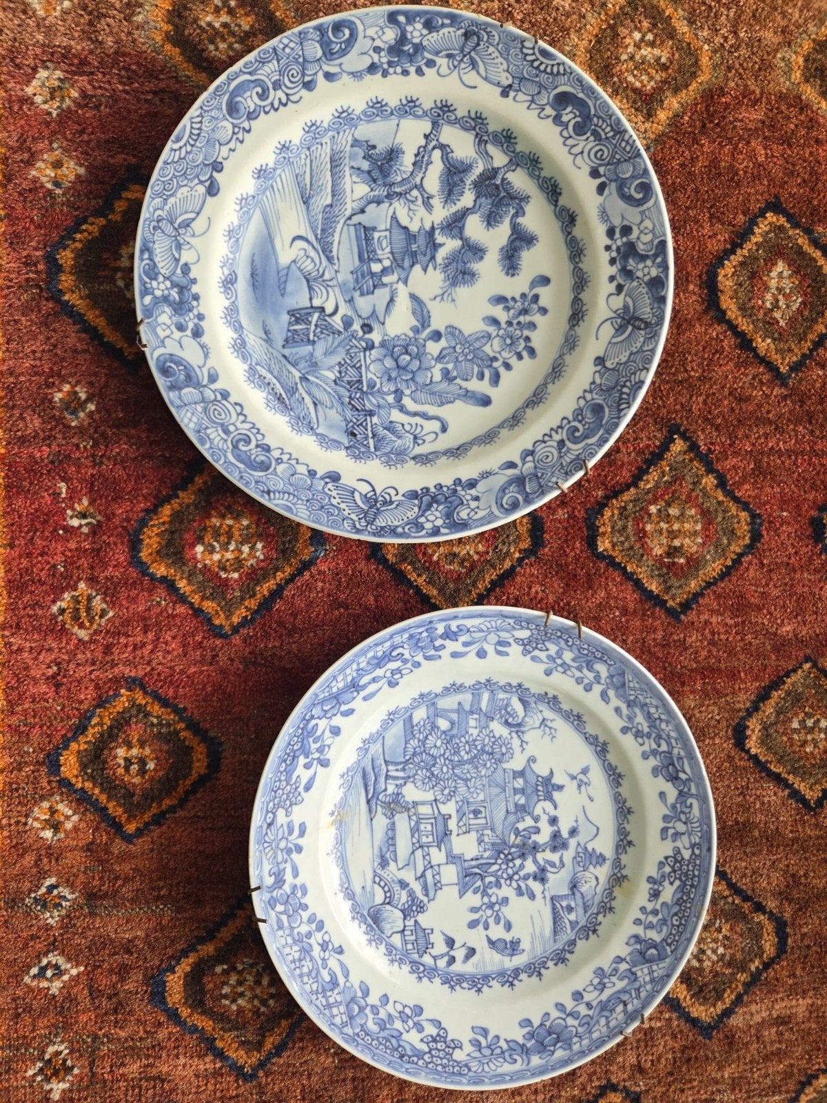 Antieke Chinese borden (2 stuks), blauw-wit, handgeschilderd, Ophalen