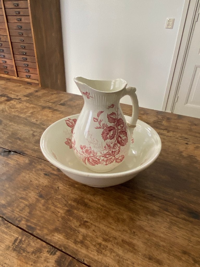 Brocante, romantische lampetset - gebloemd kan en kom, Antiek en Kunst, Ophalen of Verzenden