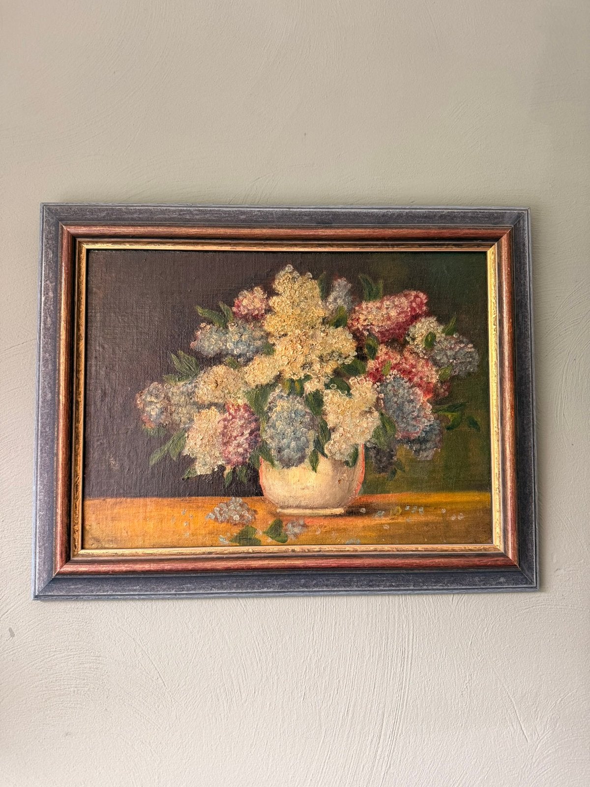 Vintage olieverfschilderij hortensia’s in lijst | 48 x 38 cm, Ophalen of Verzenden