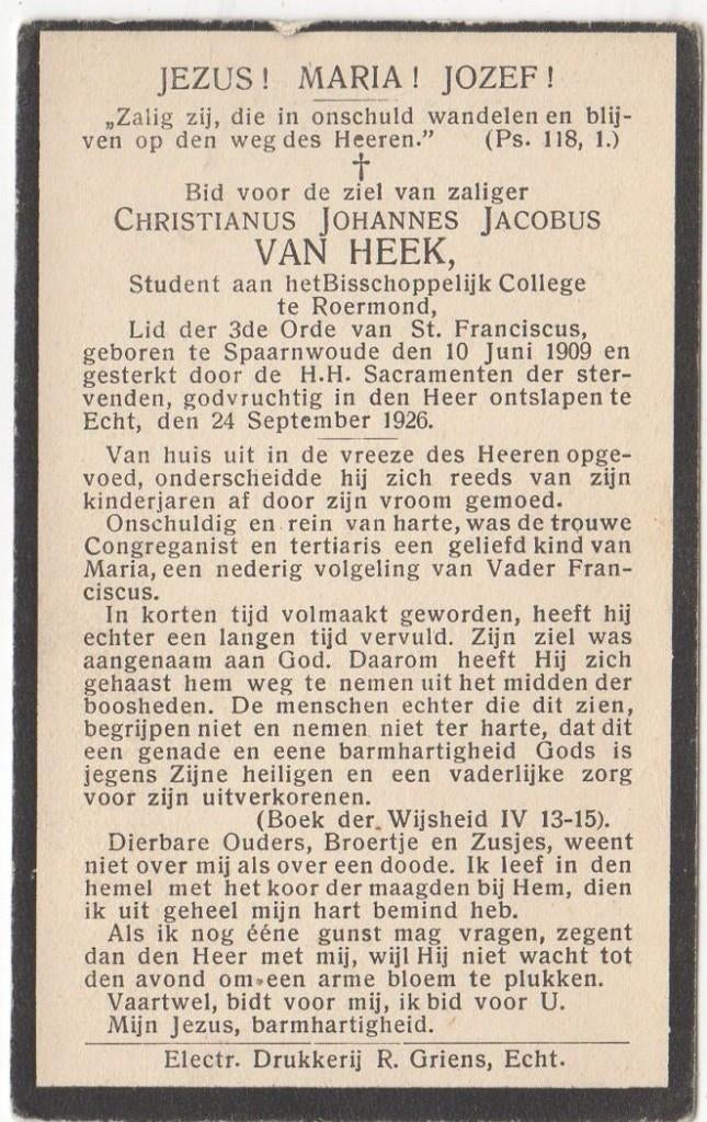 Christianus J. van Heek 1909 Spaarnwoude + 1926 Echt, 16 jr, Verzenden