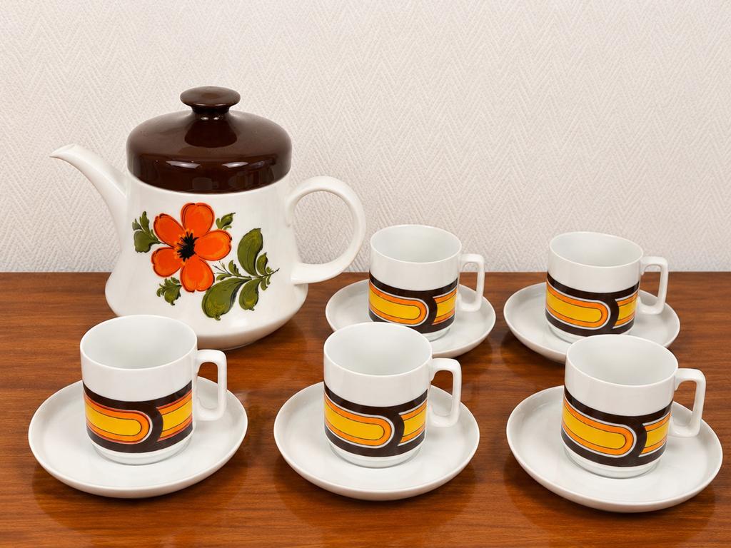 Vintage Koffieservies: Bloemenkan & 5 Retro Kopjes, Ophalen of Verzenden