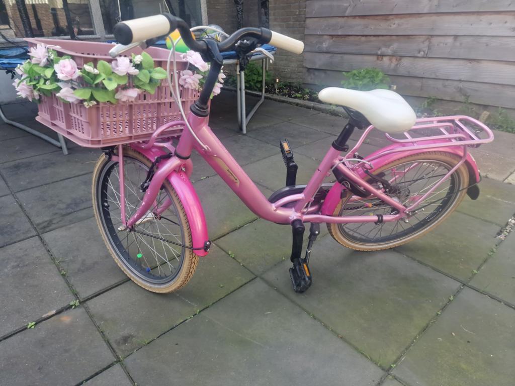 Roze kinderfiets met mandje en bloemen Batavus, Terugtraprem, Onbekend, Ophalen of Verzenden, Handrem