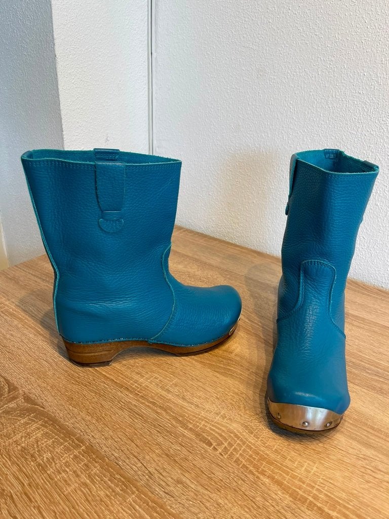Sanita vintage clog boots leer laars maat 37 turquoise blauw, Blauw, Santia, Lage of Enkellaarzen, Ophalen of Verzenden