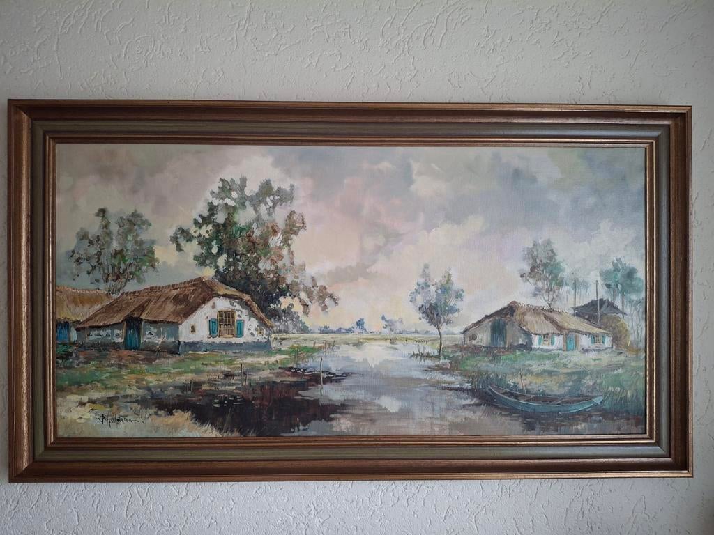 Schilderij B.H. Slotman - Hollands Landschap met boerderijen, Antiek en Kunst, Ophalen of Verzenden