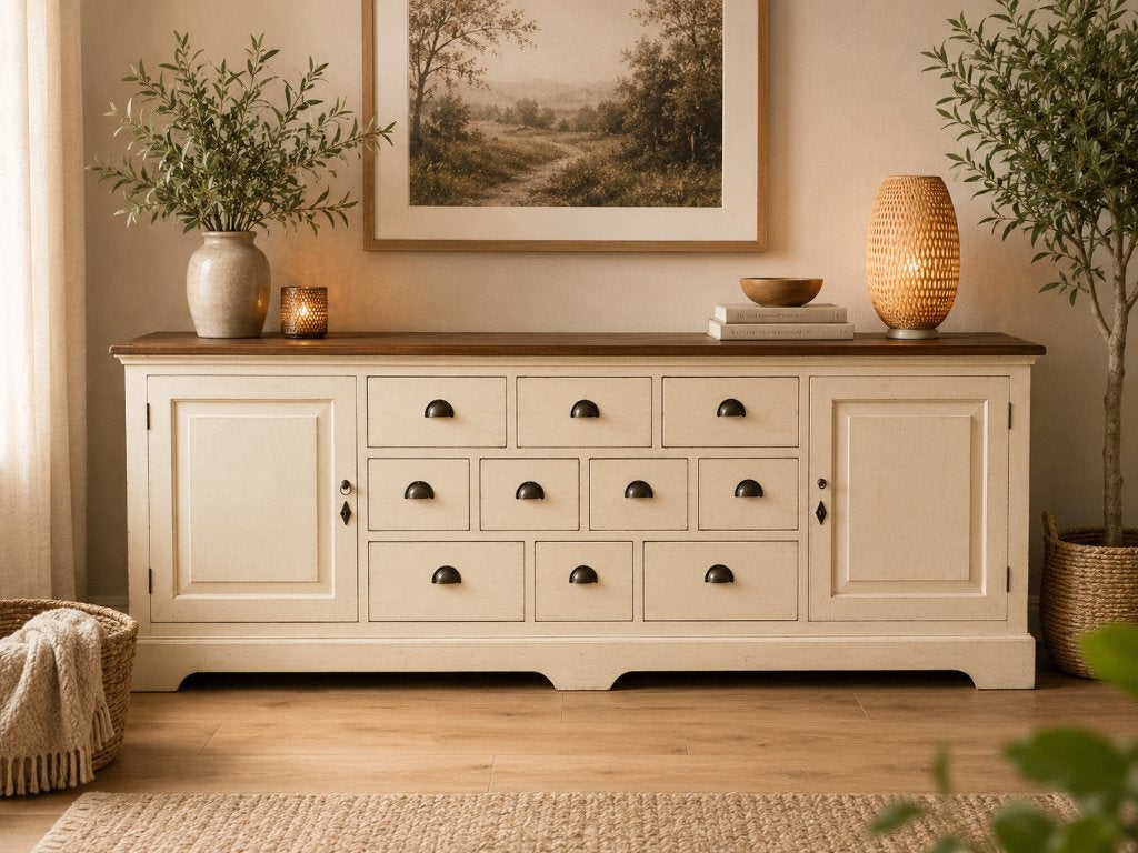 dressoir, teak,  (gebroken) wit, 256 x 90 x 53, mooi meubel, Huis en Inrichting, Kasten | Dressoirs, Zo goed als nieuw, 200 cm of meer