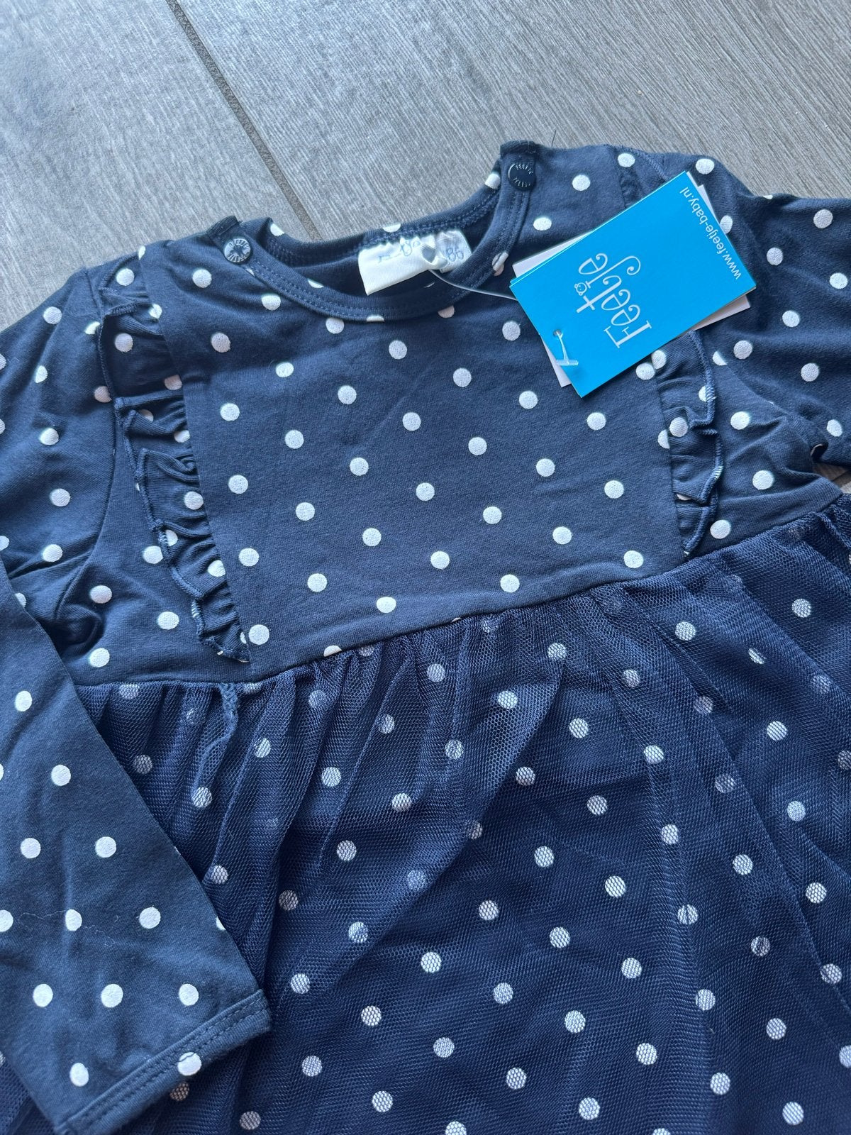 Feetje jurkje navy met witte stippen en tule maat 86, Verzenden, Nieuw, Meisje, Jurkje of Rokje