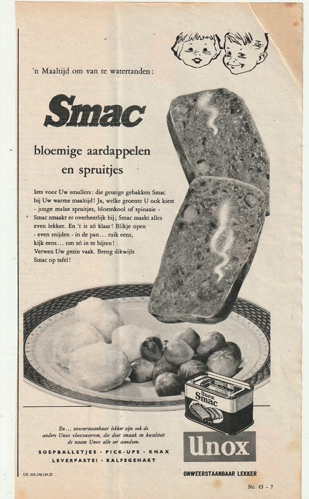Retro reclame 1958 Unox Smac vlees in blik jaren 50, Verzenden, Overige typen