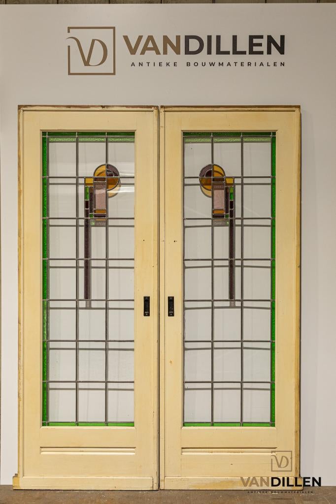 Art Deco ensuite schuifdeuren met glas in lood 213 x 155, Doe-het-zelf en Verbouw, Ophalen, 120 cm of meer, Binnendeur, Zo goed als nieuw