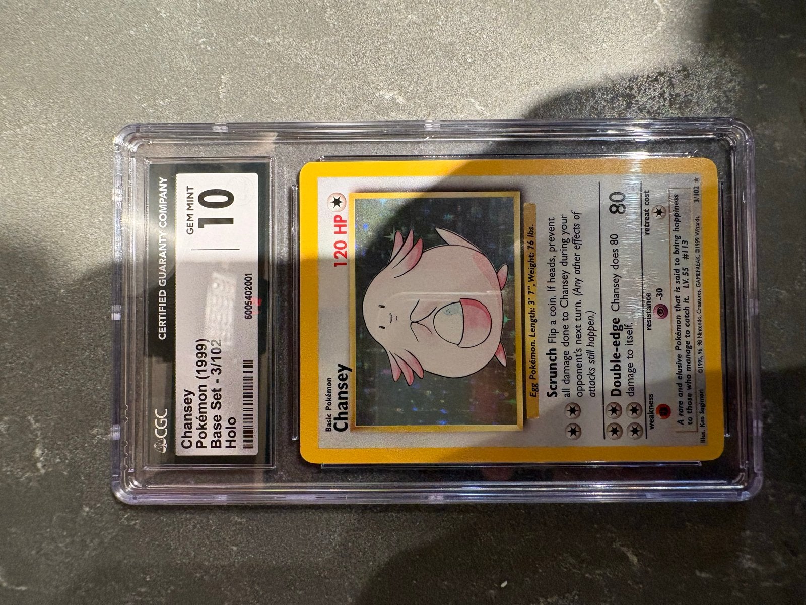 Chansey Holo 1999 Base Set 3/102 CGC 10 Gem Mint Pokémon, Hobby en Vrije tijd, Verzamelkaartspellen | Pokémon, Ophalen of Verzenden