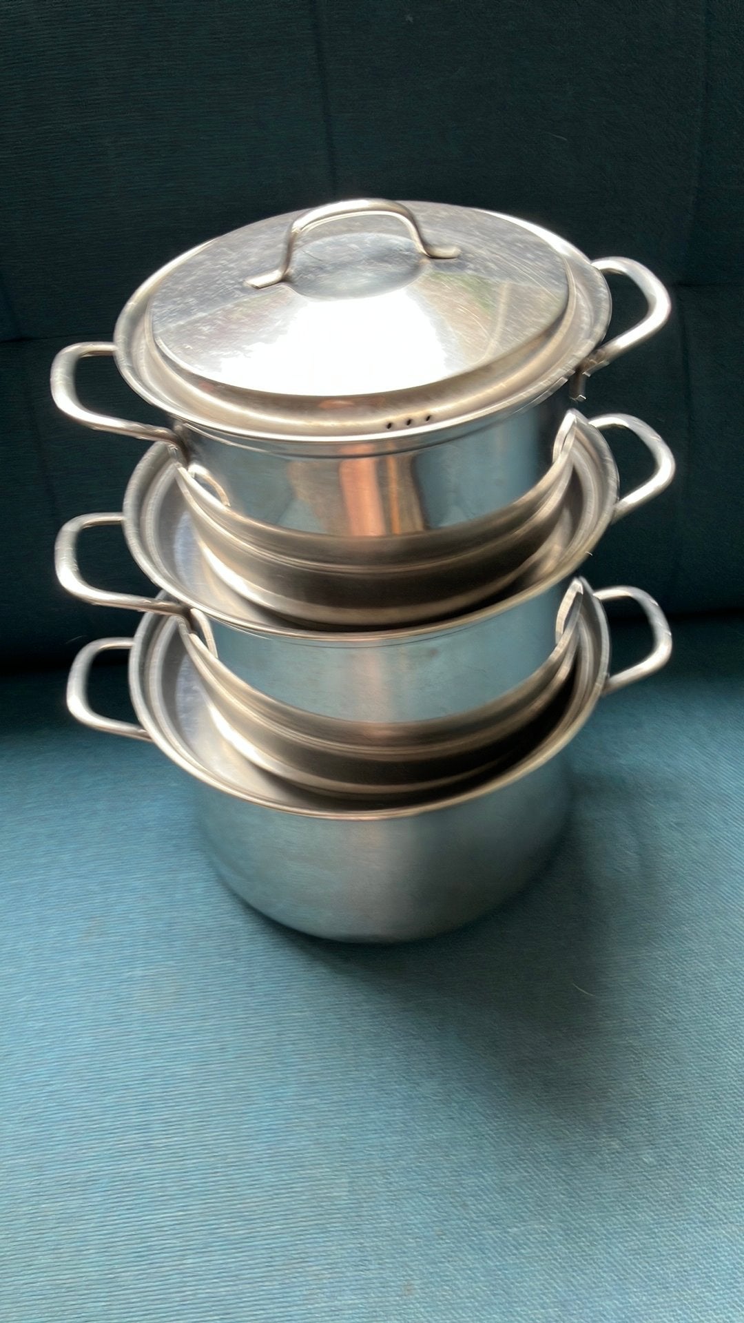 Pannenset 3-delig Sigg RVS, Gebruikt, Keramische plaat, Pannenset, Ophalen of Verzenden