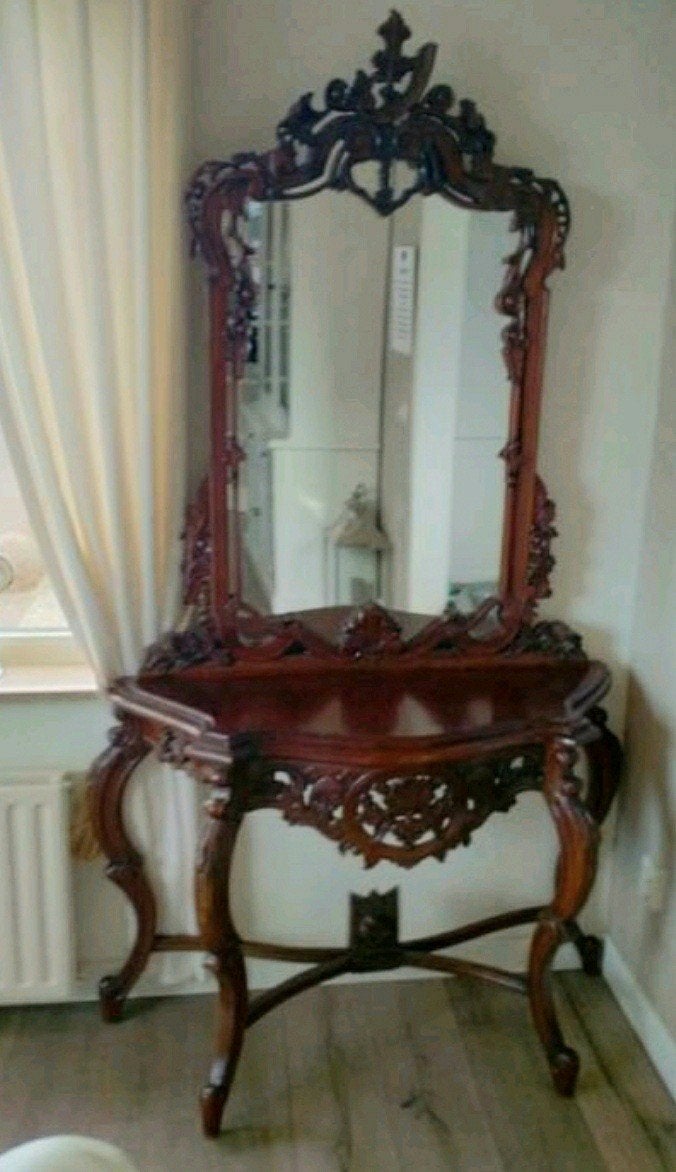 Antieke spiegel met console tafel - Barok stijl, Ophalen of Verzenden, Overige vormen, 50 tot 100 cm, 150 tot 200 cm