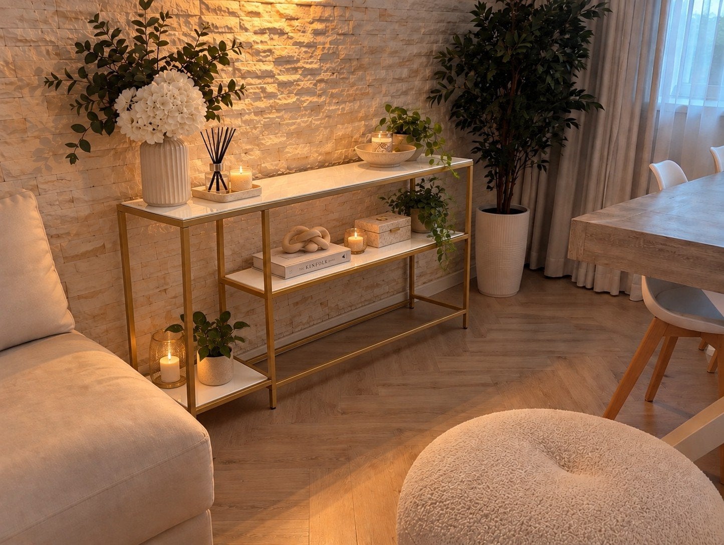 Sidetable / consoletafel – wit & goud, Ophalen, 100 tot 150 cm, Zo goed als nieuw, Glas