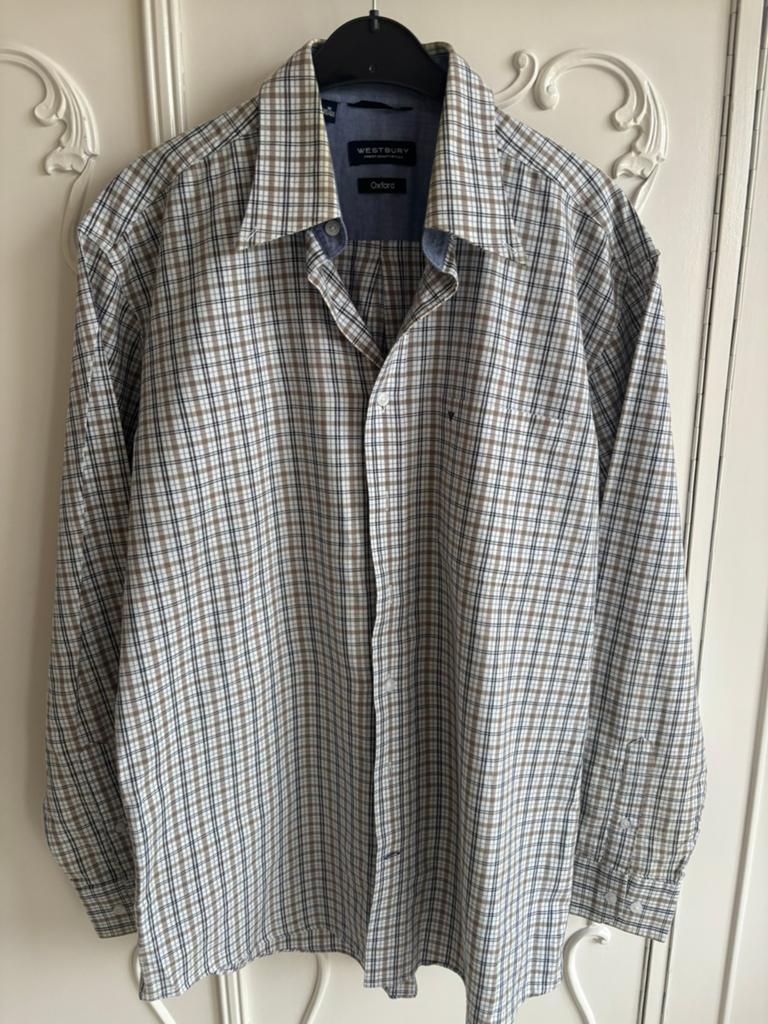 Nieuwstaat wit blauw beige overhemd merk Westbury maat M, Ophalen of Verzenden, Zo goed als nieuw, Overige kleuren, Halswijdte 39/40 (M)