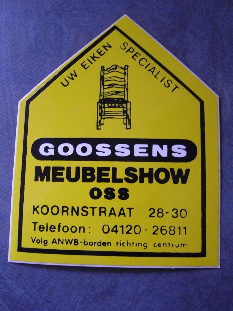sticker oss goossens meubelshow koornstraat 28-30, Verzamelen, Ophalen, Zo goed als nieuw