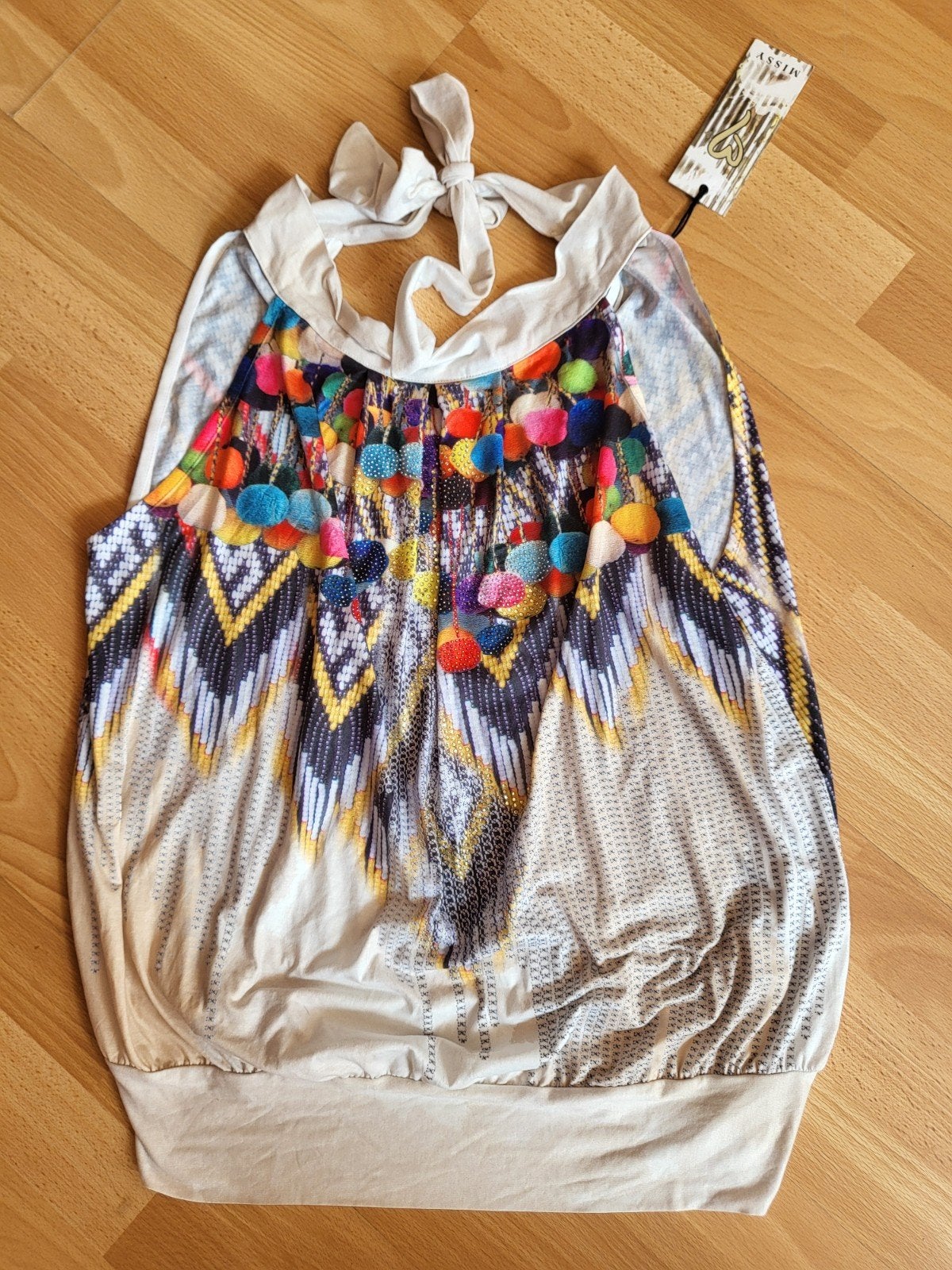 Missy kleurrijke top met pompons en strass maat M, Maat 38/40 (M), Meerkleurig, Nieuw, Missy